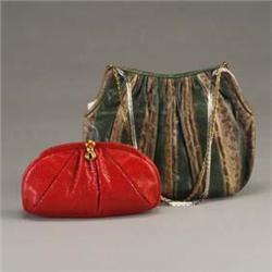 Two JUDITH LEIBER snakeskin purses: one in red with onyx and carnelian cabouchon clasp, and one of r