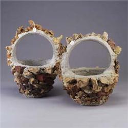 Two cast-cement baskets inset with large rocks. Unmarked. 19 1/2" Est.  200 - 300