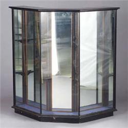 Three-section glass-front display cabinet with ebonized wood case and six adjustable interior glass