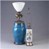 Image 1 : Two lamps with ceramic bases, one in mottled blue, the other white with flowers, both on metal bases