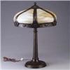 Image 1 : Arts & Crafts style wrought iron table lamp with beige slag glass inserts. No visible mark. 26" Est.