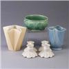Image 1 : Five WELLER pieces; an Atlas vase (two chips and a bruise to rim), a blue Softone vase (line to rim)