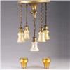 Image 1 : Arts & Crafts acid-etched brass pendant chandelier, c. 1905, with five QUEZAL threaded glass opalesc