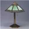Image 1 : Brass-washed table lamp and shade with green slag glass inserts. Unmarked. 20" Est.  200 - 300
