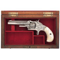 New York  Engraved Smith & Wesson Number One 3rd Issue Revolver with Case and Pearl Grips