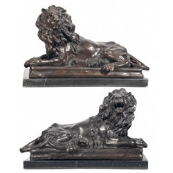 Two Antoinne Louis Barye Bronze Mirror Image Resting Monumental Lions