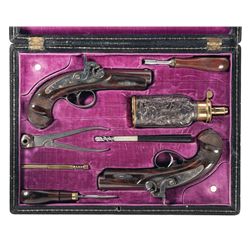 Magnificent Silver Mounted Gold Inlaid Cased Engraved Pair of Exhibition Quality Matching Pair of He