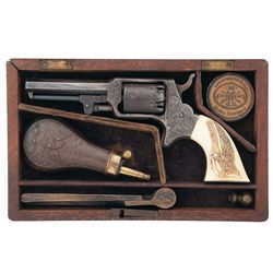 Cased Factory Engraved Bliss & Goodyear Percussion Revolver with Magnificent Raised Relief Carved Iv