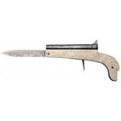 Unique German Silver Panel Dogs Head Grip Engraved Unmarked Percussion Knife Pistol