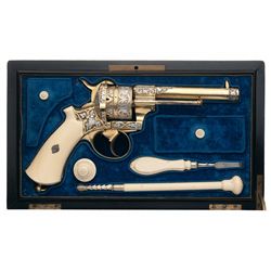 Magnificent Rosewood Cased Exhibition Grade Large French Pinfire Revolver with Ivory Grips and Acces