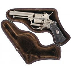 Spectacular Engraved Miniature European Pinfire Double Action Revolver with Fitted Leather Pipe Case