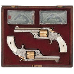 Attractive New York Engraved Pair of Cased Smith & Wesson 2nd Model .38 Single Action Revolvers with