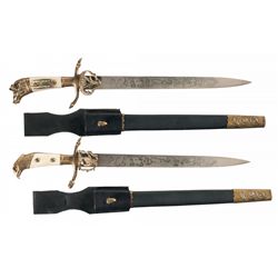Two Excellent Weyersberg (Solingen) Post War Production Hunting Swords with Scabbards and Hangers