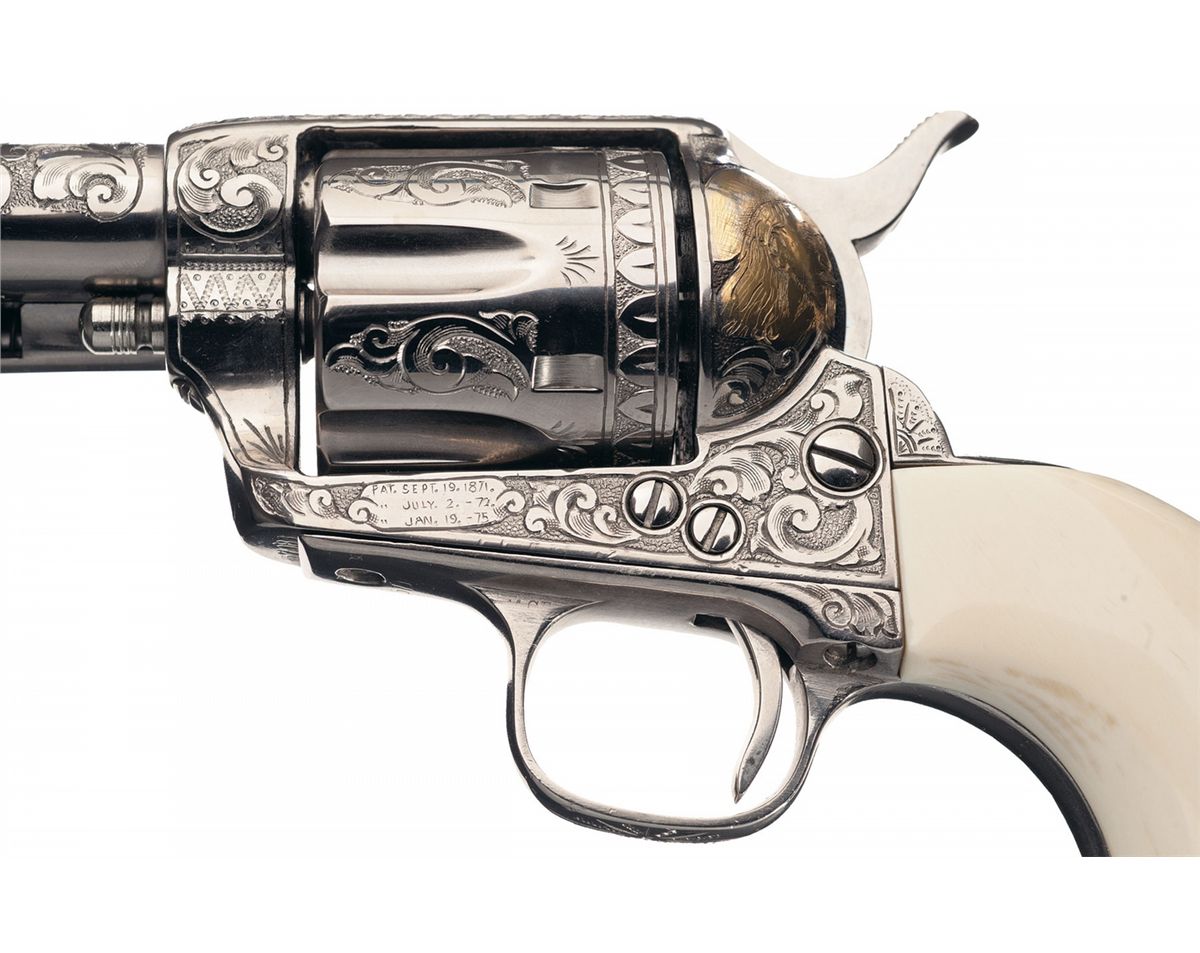 Attractive D.W. Harris Engraved Antique Colt Single Action Army Revolver with Gold Highlights and Iv Attractive D.W. Harris Engraved Antique Colt Single Action Army Revolver with Gold Highlights and Iv