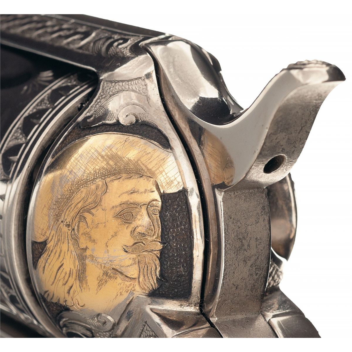 Attractive D.W. Harris Engraved Antique Colt Single Action Army Revolver with Gold Highlights and Iv Attractive D.W. Harris Engraved Antique Colt Single Action Army Revolver with Gold Highlights and Iv