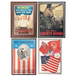 Collector's Lot of Three Framed Liberty Bond Posters and One Framed Grouping of Flags