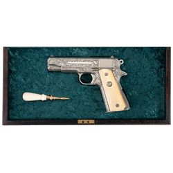 Cased Engraved Colt Combat Commander Semi-Automatic Pistol with Ivory Grips