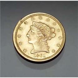 U.S. Quarter Eagle Two-and-One-Half Dollar Gold Coin, Dated 1861 $125 - $150...