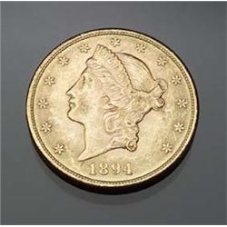 U.S. Double Eagle Twenty Dollar Gold Coin, Dated 1894 $350 - $450...