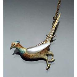 Tested 14-Karat Yellow Gold, Polychrome Enamel, Freshwater Pearl and Diamond Pheasant Brooch The...