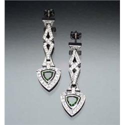 Pair of 18-Karat White Gold, Diamond and Tsavorite Pendant Pierced Earrings Each set with triangu...