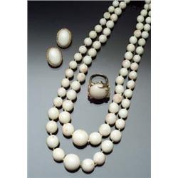 14-Karat Yellow Gold and White Coral Four-Piece Ensemble Circa 1950 Consisting of: a double stran...