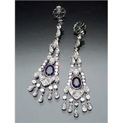 Pair of 14-Karat White Gold, Diamond and Blue Sapphire Tassel Pendant Pierced Earrings Each set w...