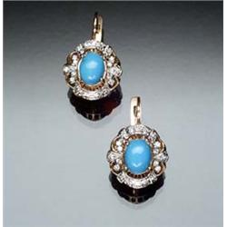 Pair of European 14-Karat Rose and White Gold, Turquoise and Diamond Clip-Back Pierced Earrings E...