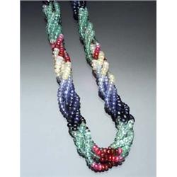 18-Karat White Gold, Sapphire, Ruby and Emerald Faceted Roundel Bead Five-Strand Choker Necklace...