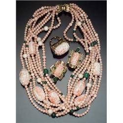 14- and 18-Karat Yellow Gold, Angel-Skin Coral and Green Quartz Four-Piece Ensemble Length of nec...