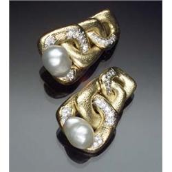 Pair of 18-Karat Yellow Gold, Platinum, Diamond and Baroque South Sea Pearl French Clip-Back Earr...