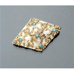 15-Karat Yellow Gold, Angel Skin Coral and Turquoise Brooch, Birks Circa 1930 Length: 2 in (5.1 c...