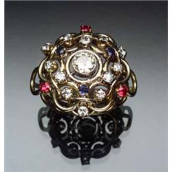 Tested 14-Karat Yellow Gold, Diamond, Blue Sapphire and Synthetic Ruby Dinner Ring Set with one f...