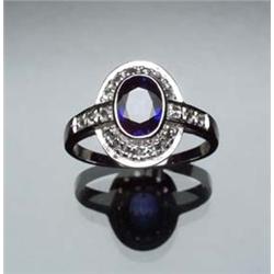 14-Karat White Gold, Blue Sapphire and Diamond Dinner Ring Set with one oval faceted sapphire wei...