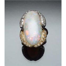 18-Karat Yellow and White Gold, White Opal and Diamond Dinner Ring Set with one oval cabochon opa...