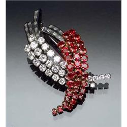 Platinum and 18-Karat Yellow Gold, Diamond and Ruby Twin Leaf Brooch Set with twenty-eight gradua...