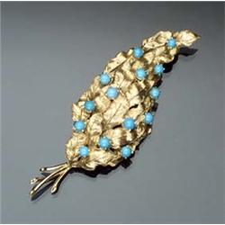 18-Karat Yellow Gold Florentine and Polish Finish Turquoise Floral Brooch Circa 1960 Set with fou...