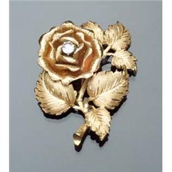 18-Karat Yellow Gold Florentine and Bright-Cut Finish and Diamond Rose Brooch The stamen set with...
