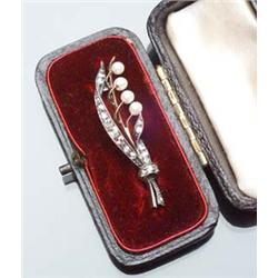 Victorian 14-Karat Yellow Gold, Diamond and Seed Pearl Leaf Pin Circa 1880 Set with four seed pea...
