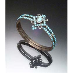 Victorian Low Karat Yellow Gold, Turquoise and Seed Pearl Studded Bangle Bracelet Last Quarter 19...