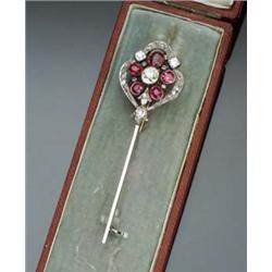 Edwardian Tested 14-Karat White Gold, Filigree Platinum, Diamond and Ruby Stickpin Circa 1900 Set...