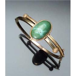 Victorian Tested 14-Karat Yellow Gold and Turquoise Bangle Bracelet Last Quarter 19th Century Set...