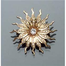 Edwardian 14-Karat Yellow Gold, White Sapphire and Seed Pearl Sunburst Pendant Brooch Circa 1910...