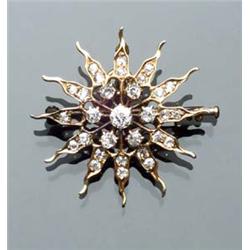 Victorian Tested 14-Karat Yellow Gold and Diamond Sunburst Pendant Brooch Circa 1900 Set with twe...