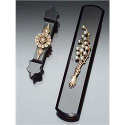 Two Victorian 14-Karat Yellow Gold, Black Onyx, Seed Pearl and Split Pearl Bar Pins Last Quarter...