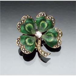 Edwardian 14-Karat Yellow Gold, Green, Black, and Yellow Enamel, Diamond and Seed Pearl Four-Leaf...