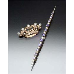 Two Edwardian 14-Karat Yellow Gold and Pearl Pins Circa 1910 Consisting of: a crown pin set with...