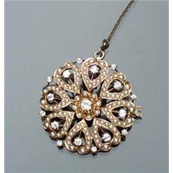 Victorian 14-Karat Yellow Gold, Diamond and Seed Pearl Pendant Brooch Last Quarter 19th Century S...