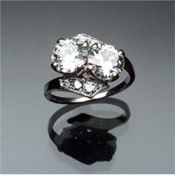 Tested 14-Karat White Gold and Twin Diamond Dinner Ring Set with one round old European cut diamo...