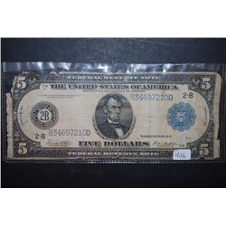 1914 US Federal Reserve Note $5; Blue Seal; New York NY Reserve; Tattered On Right Top Corner; EST. 